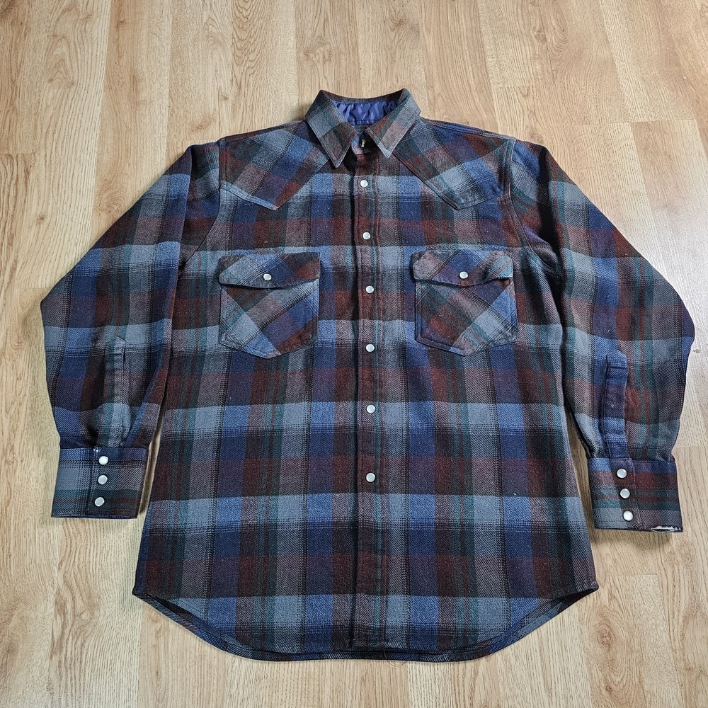 Rock Creek Ranch Western Snap Shirt Mens Medium Blue Plaid Acrylic Flannel Yoke